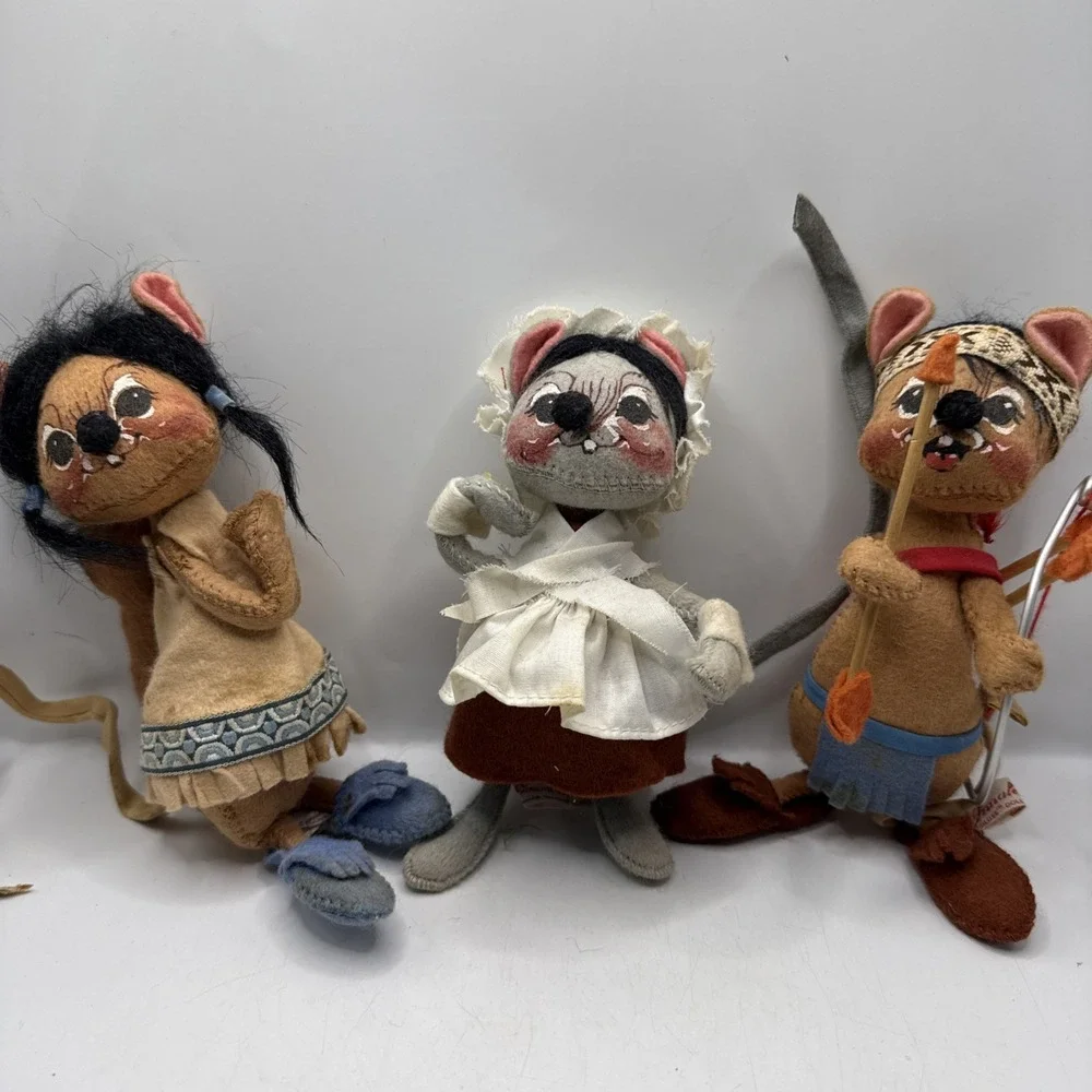 Lot Of 3 Vintage Annalee Dolls Thanksgiving Lot Native Indian Pilgrim Mouse
